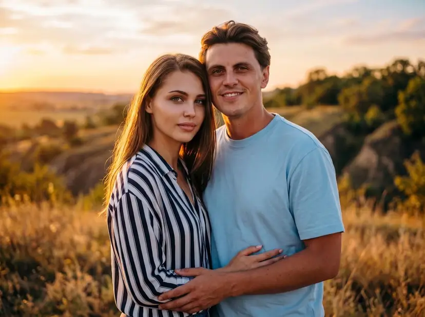 AI-generated couple photo blending two portraits at golden hour